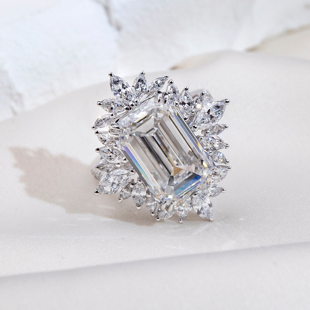 Eco-1842: スターバースト グレース – ラボグロウンダイヤモンド フローラルハローリング 18Kホワイトゴールド