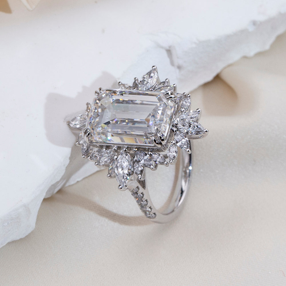 Eco-1842: スターバースト グレース – ラボグロウンダイヤモンド フローラルハローリング 18Kホワイトゴールド