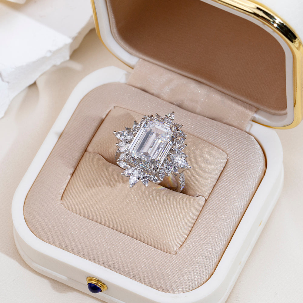 Eco-1842: スターバースト グレース – ラボグロウンダイヤモンド フローラルハローリング 18Kホワイトゴールド