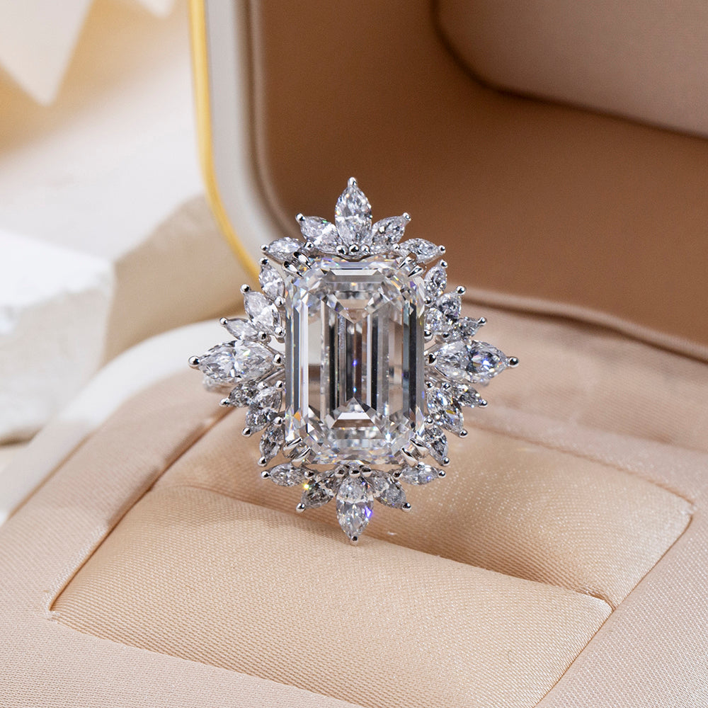 Eco-1842: スターバースト グレース – ラボグロウンダイヤモンド フローラルハローリング 18Kホワイトゴールド