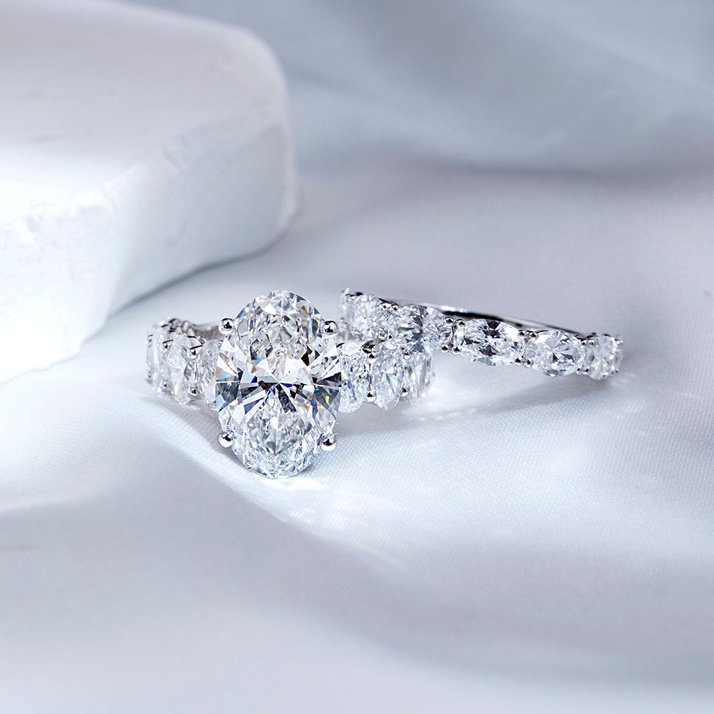 Eco-1852: Crowned Radiance – Lab-Grown Oval Diamond & Marquise Halo Bridal Set in 18K White Gold