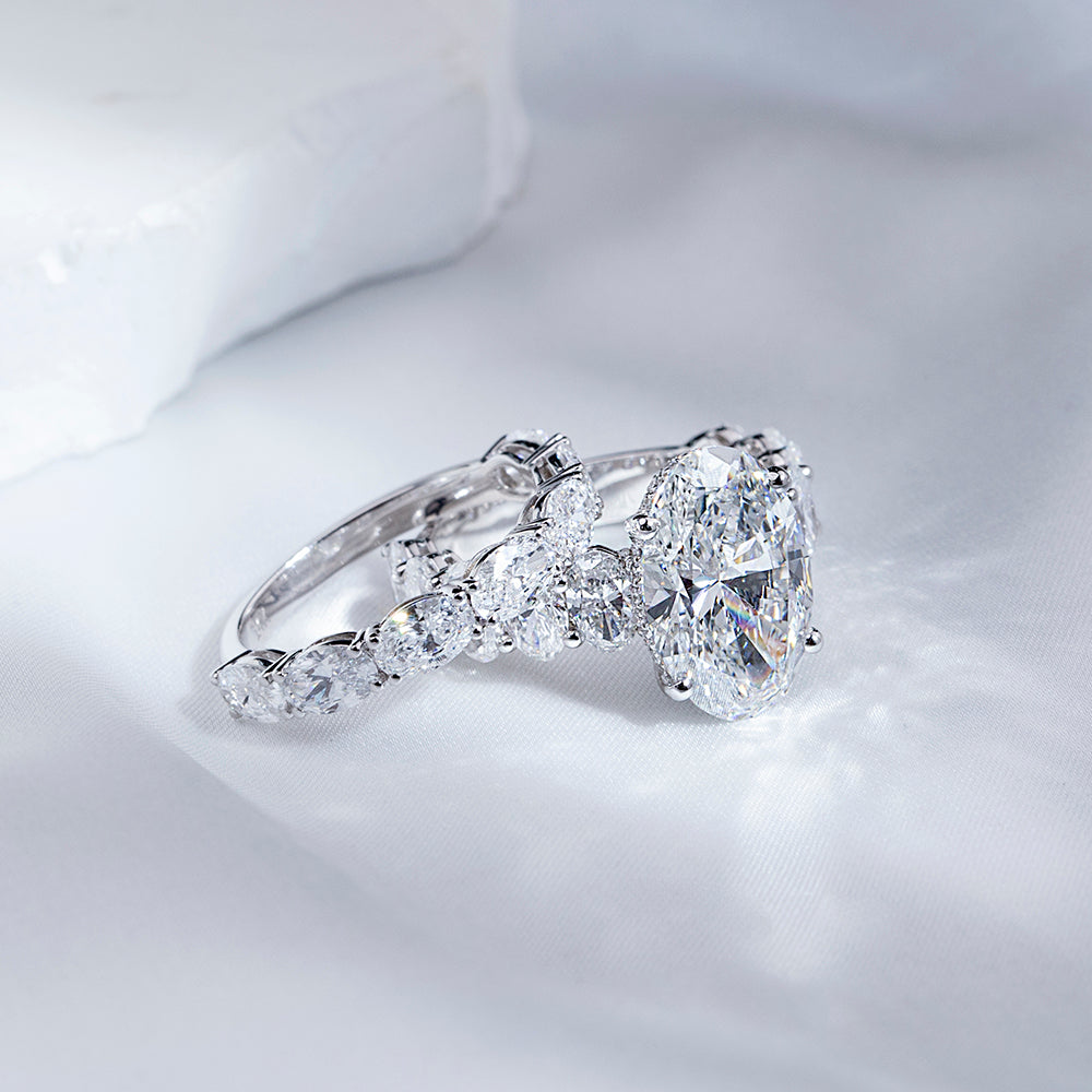 Eco-1852: Crowned Radiance – Lab-Grown Oval Diamond & Marquise Halo Bridal Set in 18K White Gold