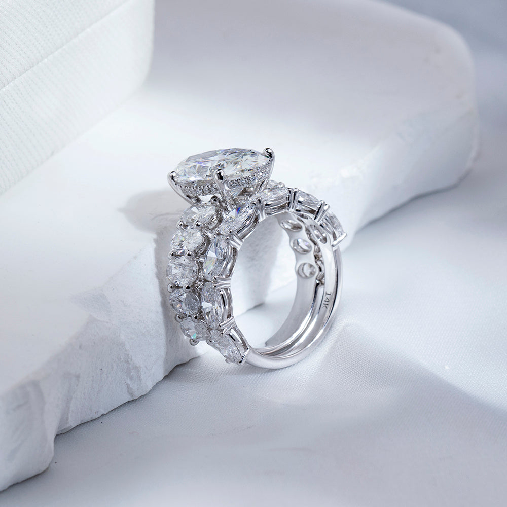 Eco-1852: Crowned Radiance – Lab-Grown Oval Diamond & Marquise Halo Bridal Set in 18K White Gold