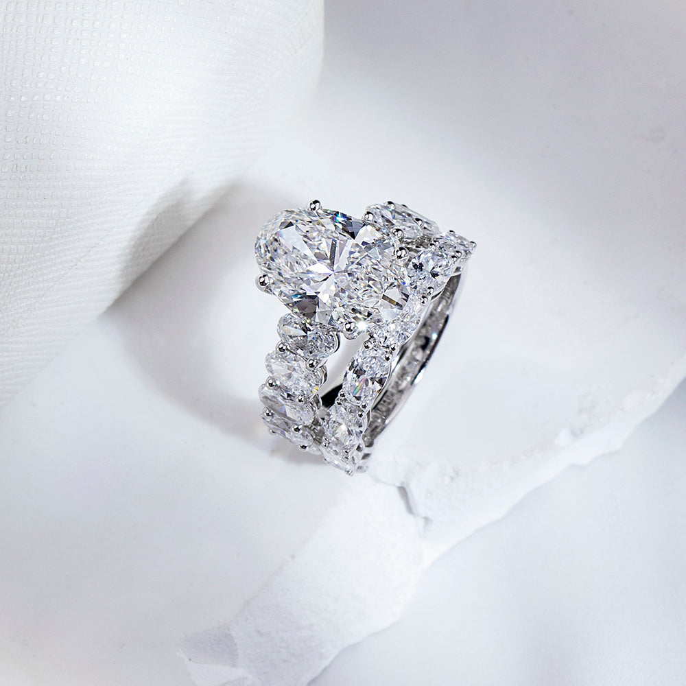 Eco-1852: Crowned Radiance – Lab-Grown Oval Diamond & Marquise Halo Bridal Set in 18K White Gold