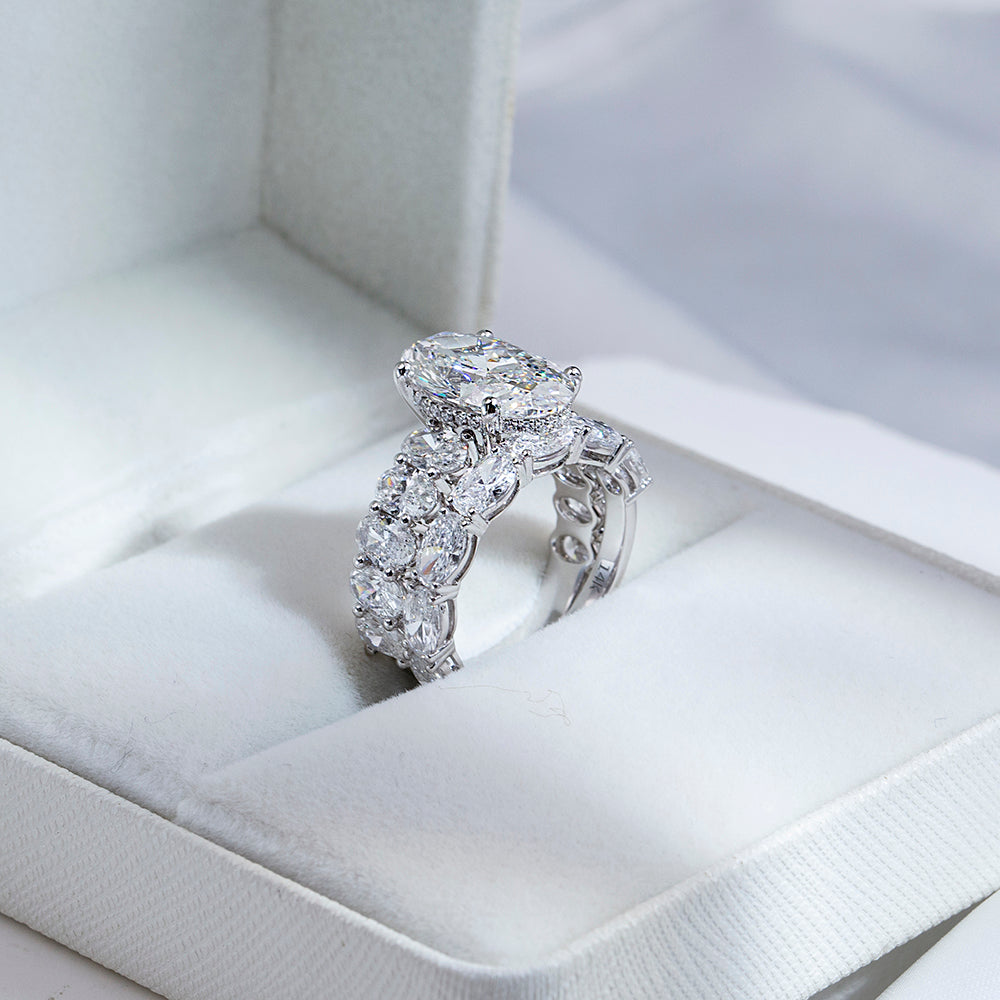 Eco-1852: Crowned Radiance – Lab-Grown Oval Diamond & Marquise Halo Bridal Set in 18K White Gold