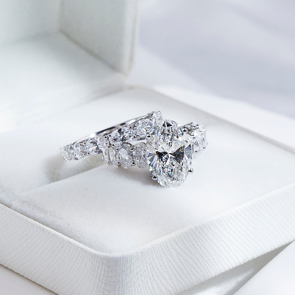 Eco-1852: Crowned Radiance – Lab-Grown Oval Diamond & Marquise Halo Bridal Set in 18K White Gold
