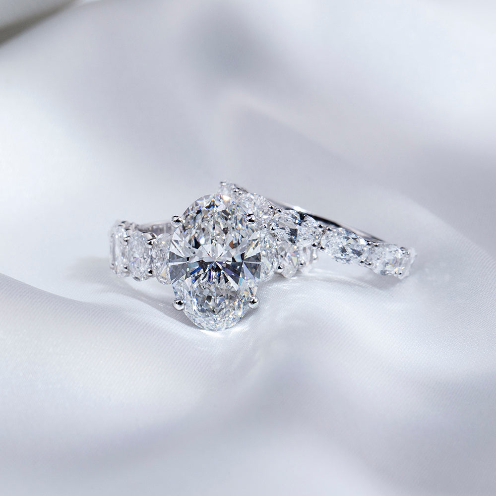 Eco-1852: Crowned Radiance – Lab-Grown Oval Diamond & Marquise Halo Bridal Set in 18K White Gold