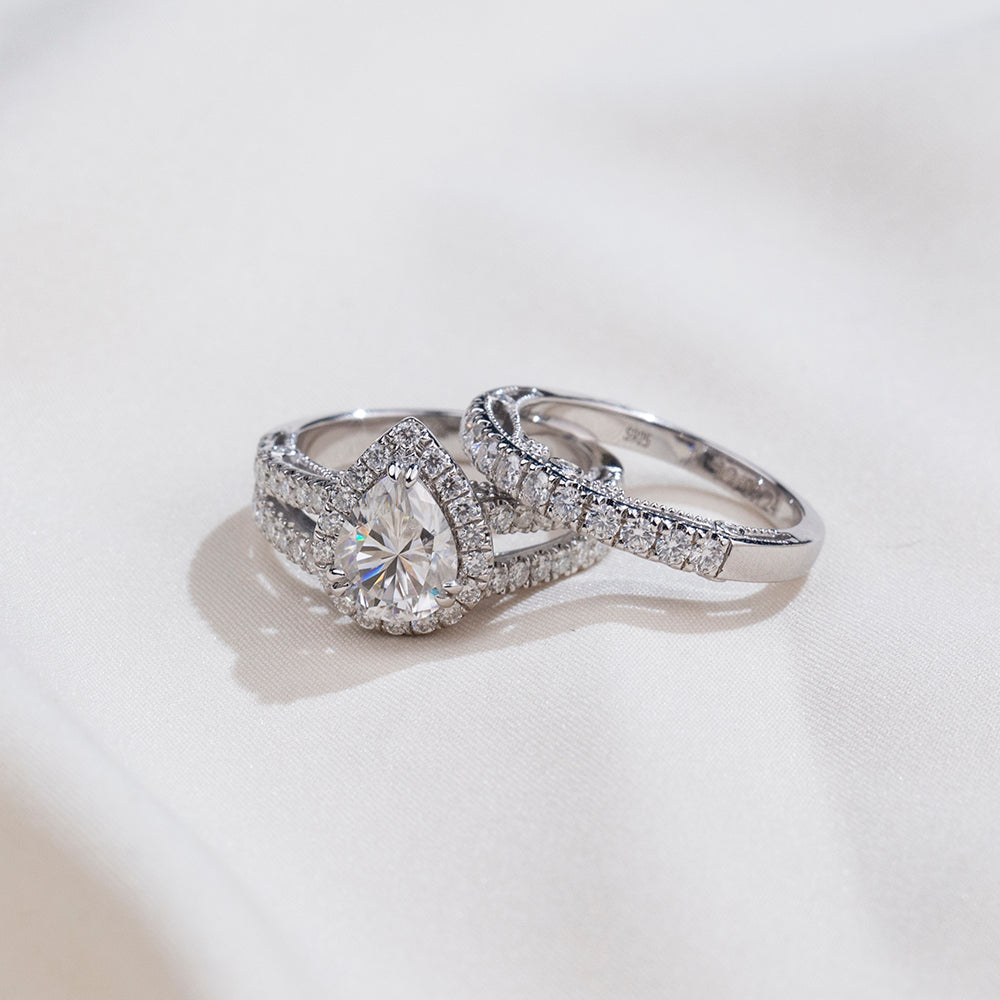 Eco-1857: Tears of Light – Lab-Grown Pear Diamond Halo Bridal Set in 18K White Gold