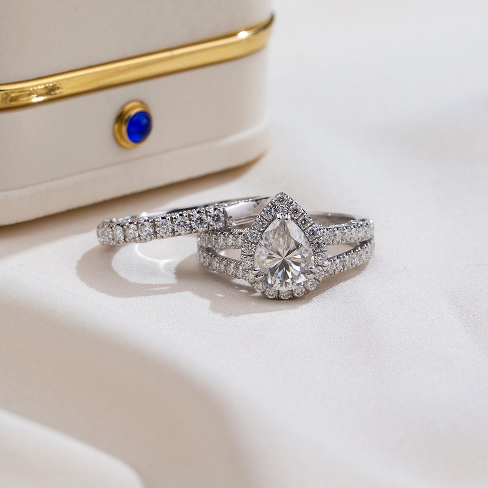Eco-1857: Tears of Light – Lab-Grown Pear Diamond Halo Bridal Set in 18K White Gold
