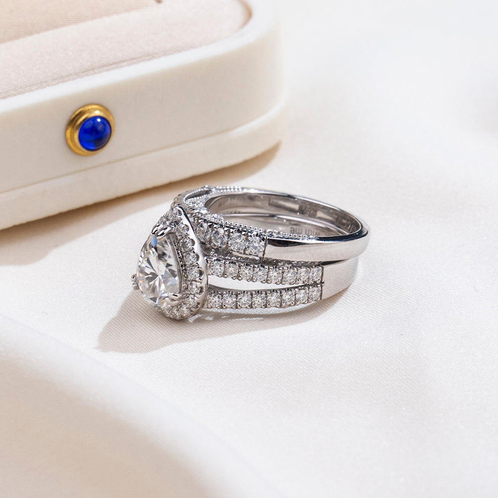 Eco-1857: Tears of Light – Lab-Grown Pear Diamond Halo Bridal Set in 18K White Gold