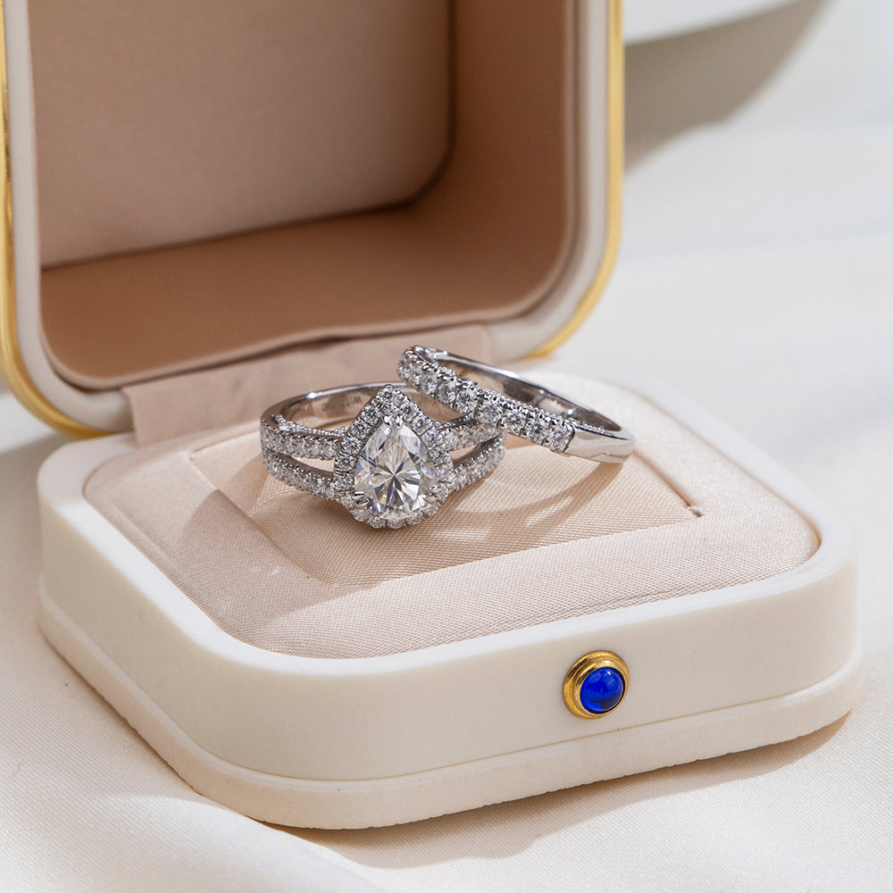 Eco-1857: Tears of Light – Lab-Grown Pear Diamond Halo Bridal Set in 18K White Gold