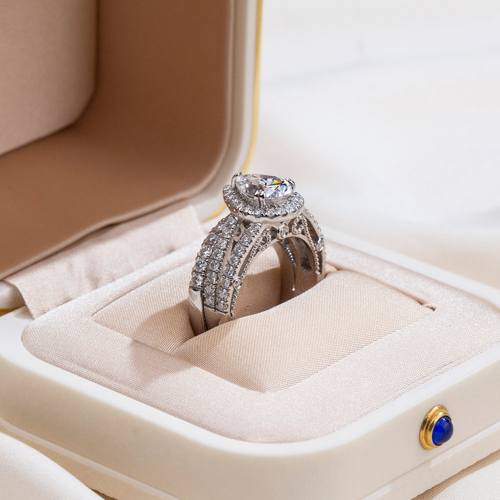 Eco-1857: Tears of Light – Lab-Grown Pear Diamond Halo Bridal Set in 18K White Gold