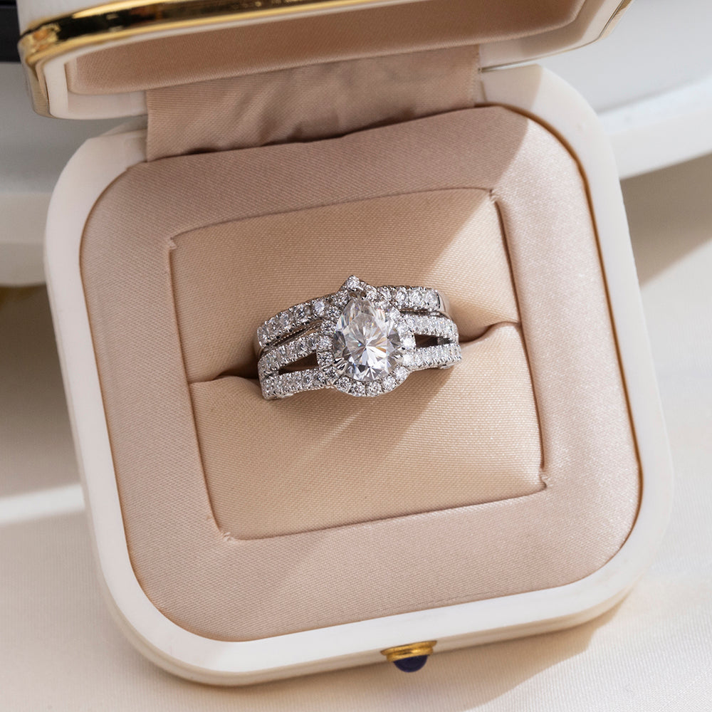 Eco-1857: Tears of Light – Lab-Grown Pear Diamond Halo Bridal Set in 18K White Gold