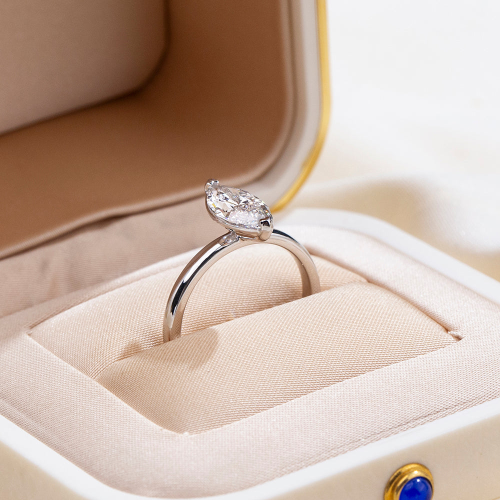 Eco-1856: Whisper of Light – Lab-Grown Marquise Diamond Solitaire Ring in 18K White Gold