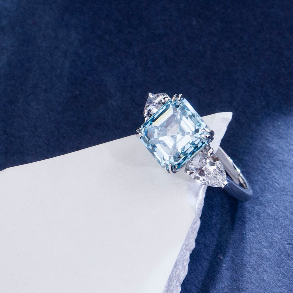 Eco-1859: Azure Legacy – Lab-Grown Blue Diamond Trilogy Ring in 18K White Gold