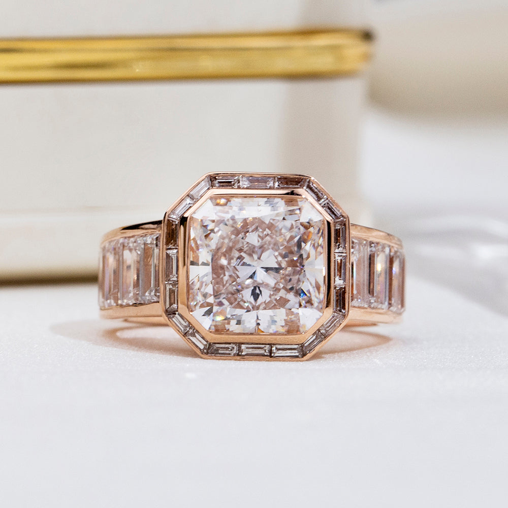 Eco-1877: The Imperial Frame – Lab-Grown Radiant Diamond Halo Ring in 18K Rose Gold