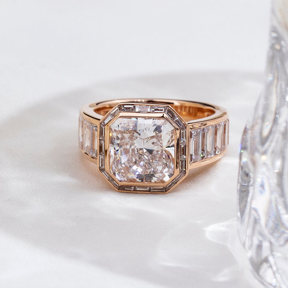 Eco-1877: The Imperial Frame – Lab-Grown Radiant Diamond Halo Ring in 18K Rose Gold
