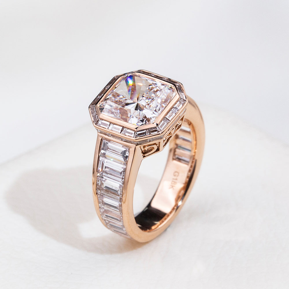 Eco-1877: The Imperial Frame – Lab-Grown Radiant Diamond Halo Ring in 18K Rose Gold