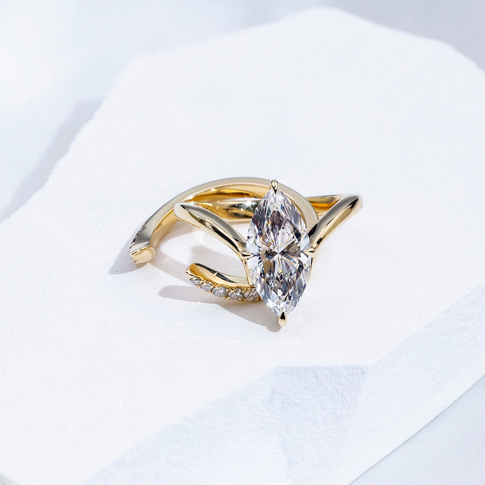 Eco-1876: Wings of Light – Lab-Grown Marquise Diamond Split Shank Ring in 18K Yellow