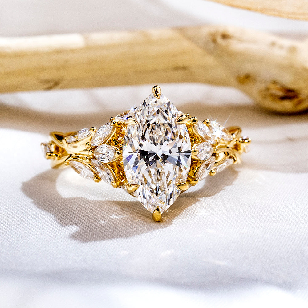 Eco-1883: Garden of Light – Lab-Grown Marquise Diamond Leaf Ring in 18K Yellow Gold