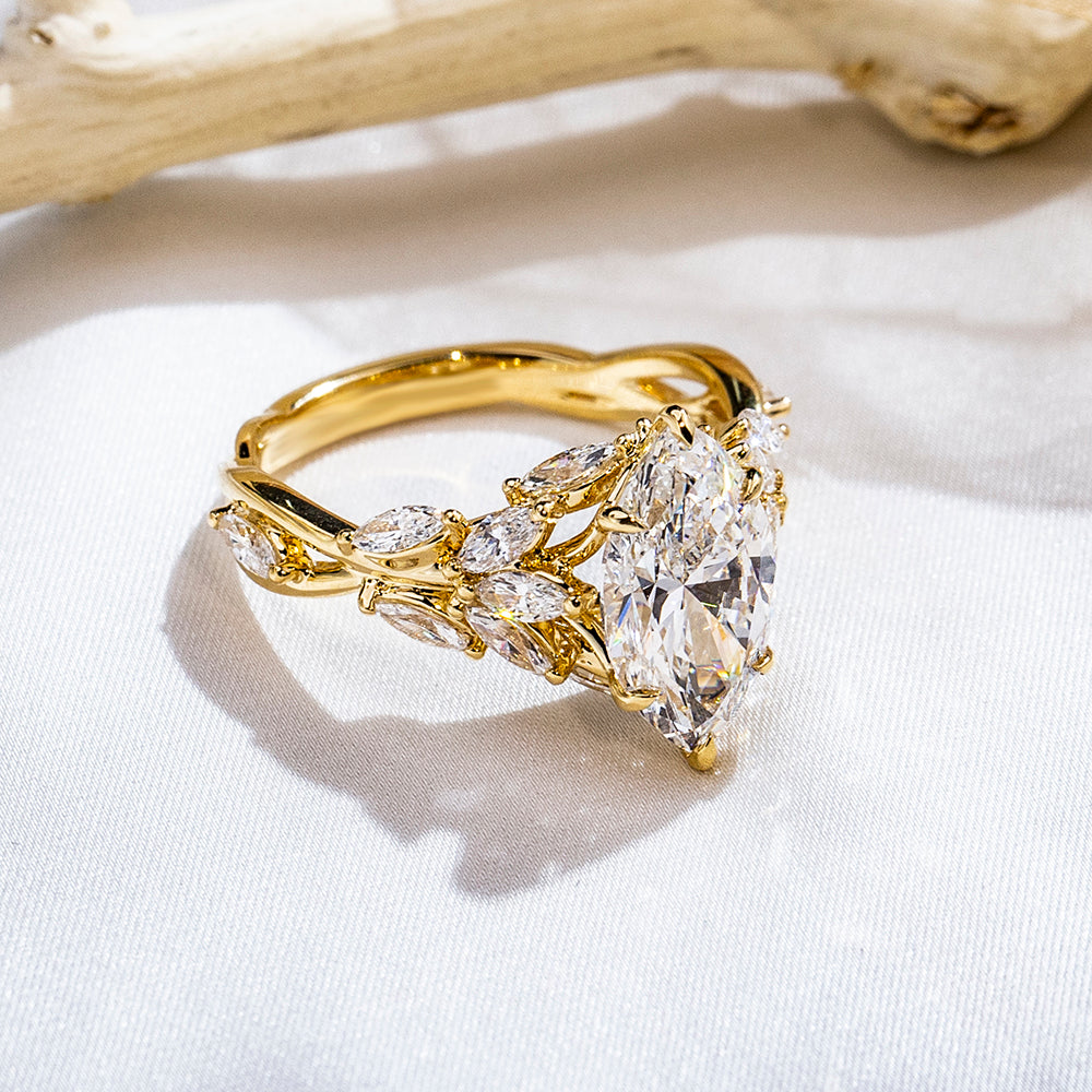 Eco-1883: Garden of Light – Lab-Grown Marquise Diamond Leaf Ring in 18K Yellow Gold