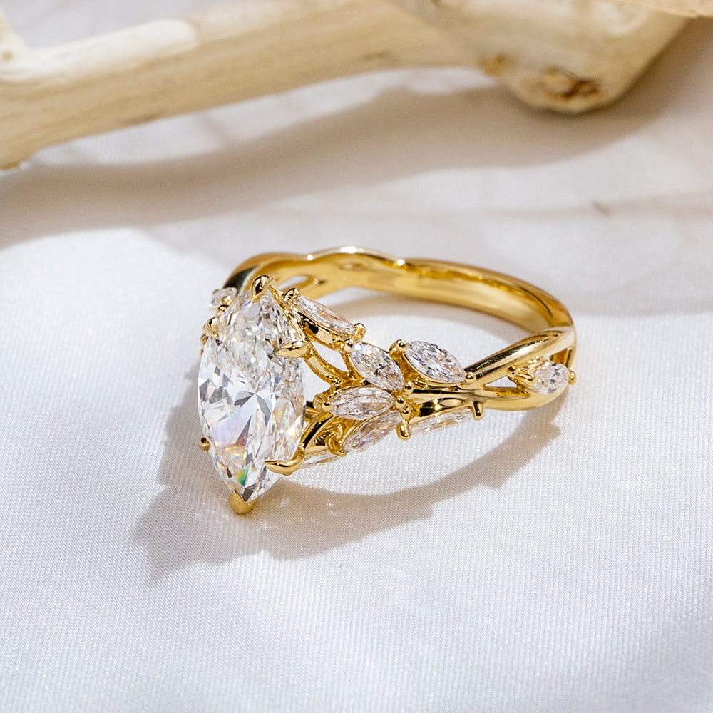 Eco-1883: Garden of Light – Lab-Grown Marquise Diamond Leaf Ring in 18K Yellow Gold