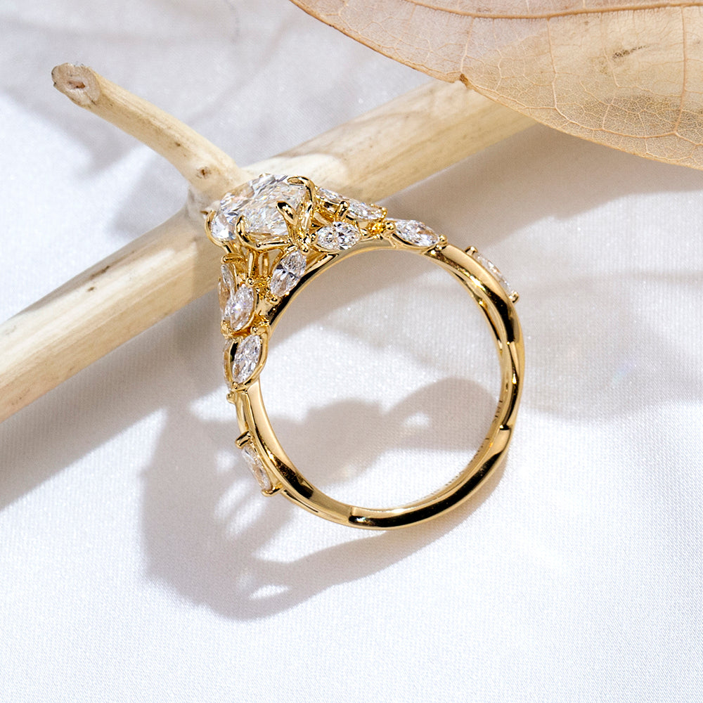 Eco-1883: Garden of Light – Lab-Grown Marquise Diamond Leaf Ring in 18K Yellow Gold