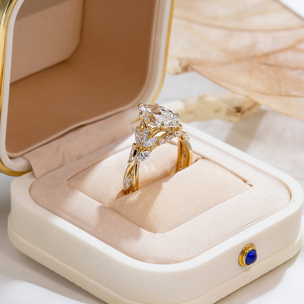 Eco-1883: Garden of Light – Lab-Grown Marquise Diamond Leaf Ring in 18K Yellow Gold