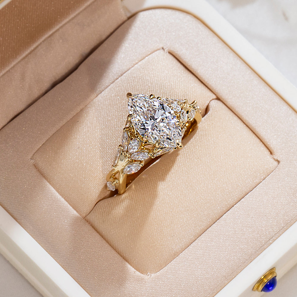 Eco-1883: Garden of Light – Lab-Grown Marquise Diamond Leaf Ring in 18K Yellow Gold