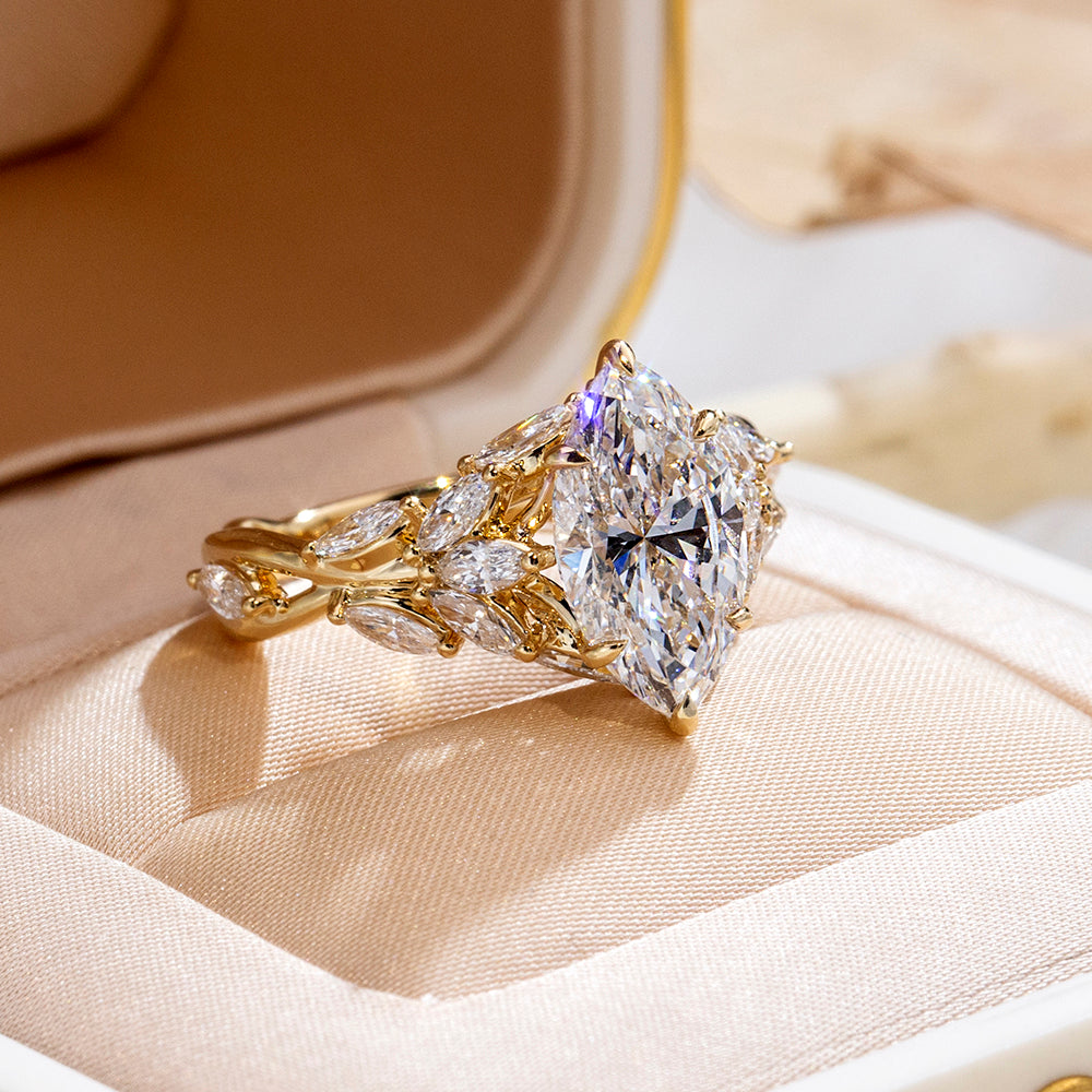 Eco-1883: Garden of Light – Lab-Grown Marquise Diamond Leaf Ring in 18K Yellow Gold