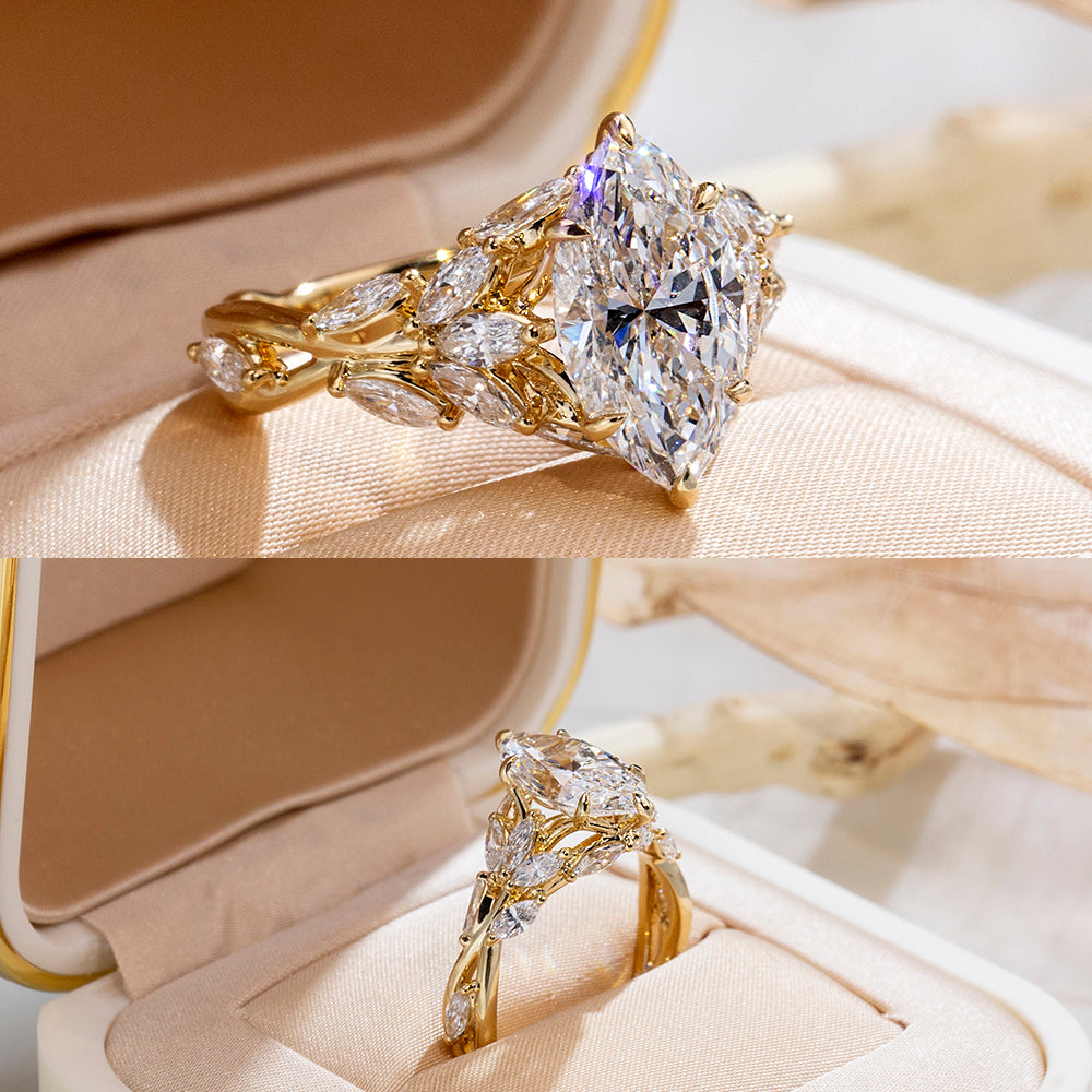 Eco-1883: Garden of Light – Lab-Grown Marquise Diamond Leaf Ring in 18K Yellow Gold