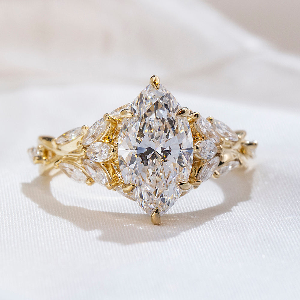 Eco-1883: Garden of Light – Lab-Grown Marquise Diamond Leaf Ring in 18K Yellow Gold