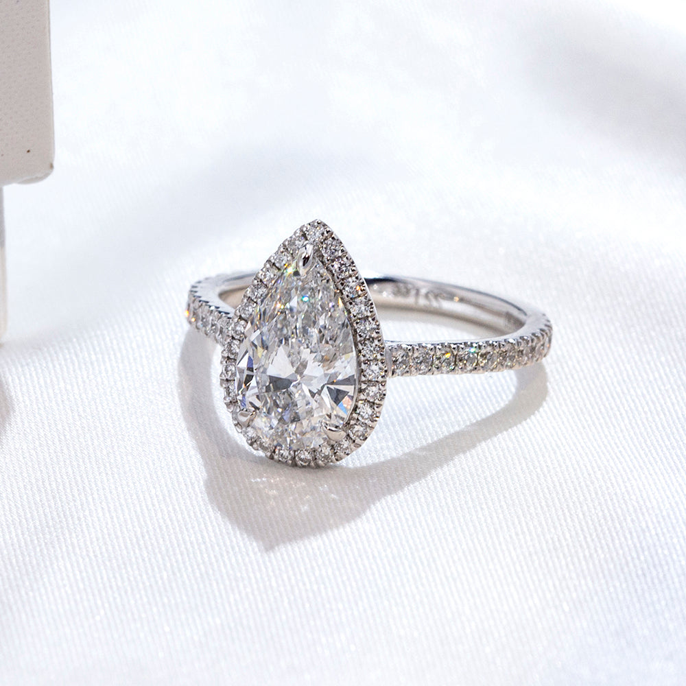 Eco-1884: Teardrop Radiance – Lab-Grown Pear Diamond Halo Ring in 18K White Gold