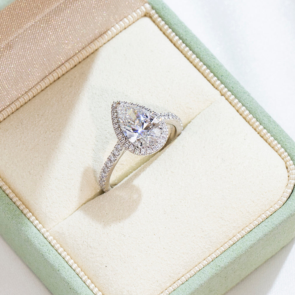 Eco-1884: Teardrop Radiance – Lab-Grown Pear Diamond Halo Ring in 18K White Gold