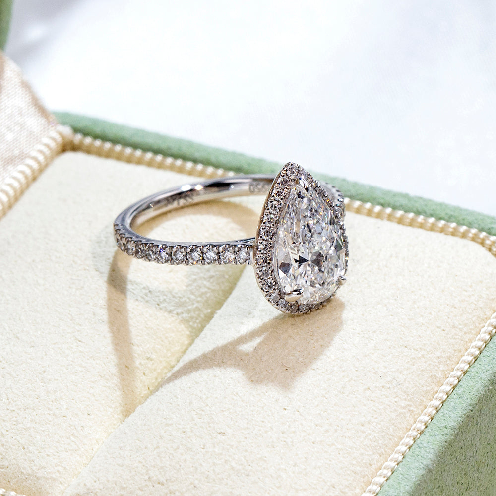 Eco-1884: Teardrop Radiance – Lab-Grown Pear Diamond Halo Ring in 18K White Gold