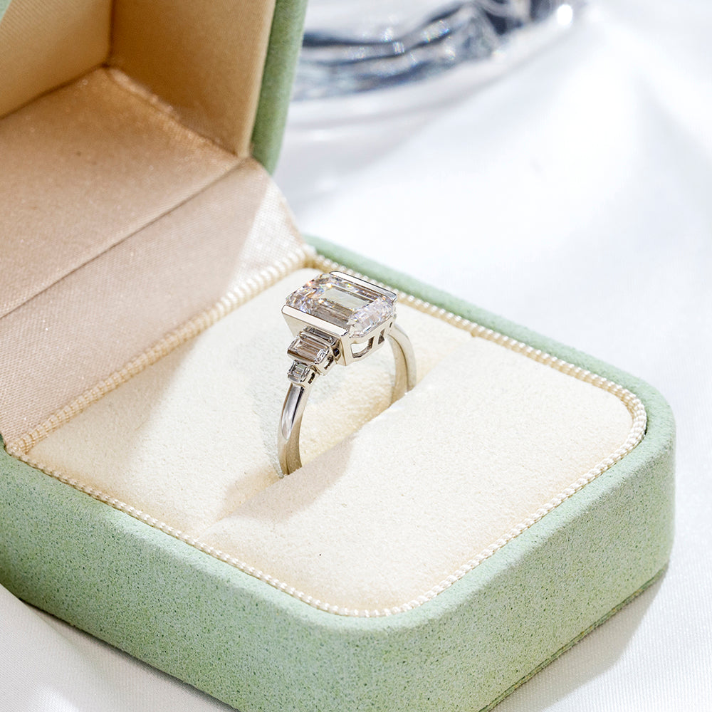 Eco-1882: Stairway of Light – Lab-Grown Emerald-Cut Diamond Ring in 18K White Gold with Graduated Baguette Accents