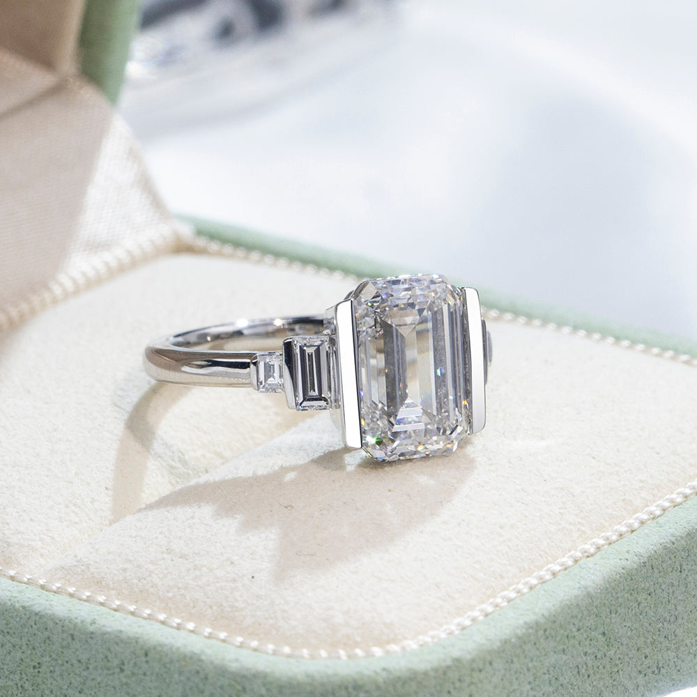 Eco-1882: Stairway of Light – Lab-Grown Emerald-Cut Diamond Ring in 18K White Gold with Graduated Baguette Accents