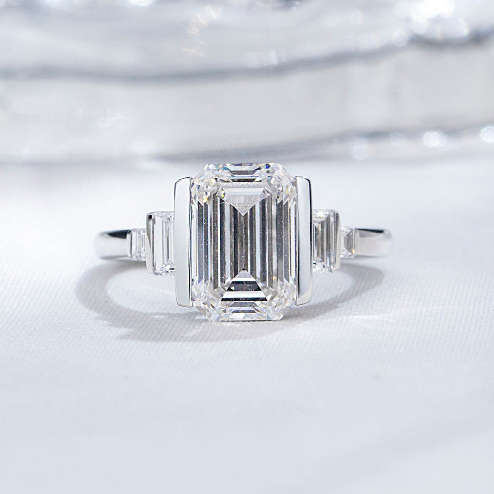 Eco-1882: Stairway of Light – Lab-Grown Emerald-Cut Diamond Ring in 18K White Gold with Graduated Baguette Accents