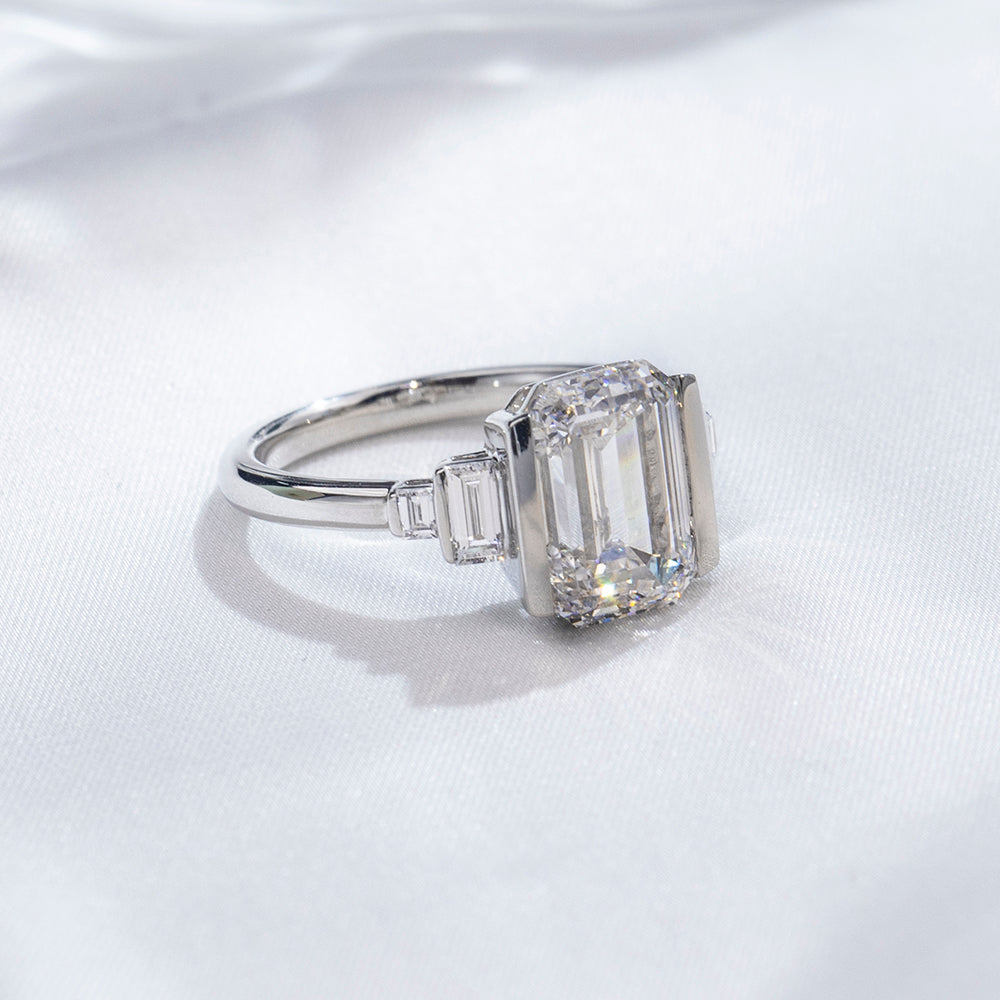 Eco-1882: Stairway of Light – Lab-Grown Emerald-Cut Diamond Ring in 18K White Gold with Graduated Baguette Accents