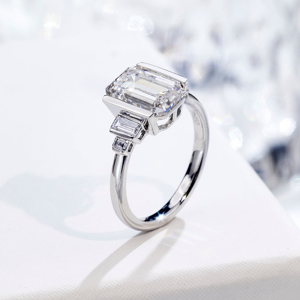 Eco-1882: Stairway of Light – Lab-Grown Emerald-Cut Diamond Ring in 18K White Gold with Graduated Baguette Accents