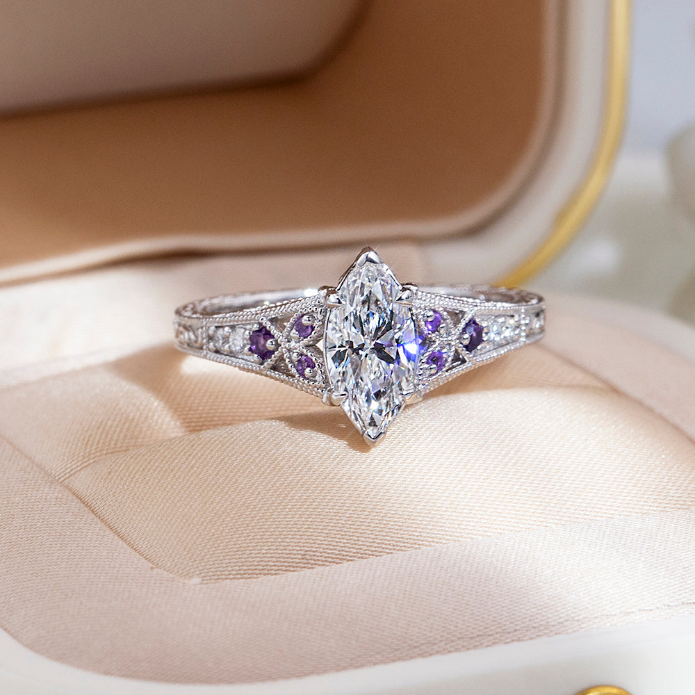Eco-1885: Twilight Filigree – Lab-Grown Marquise Diamond; Amethyst Ring in 18K White Gold