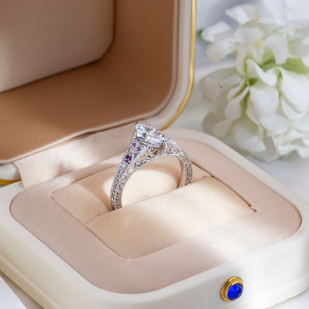Eco-1885: Twilight Filigree – Lab-Grown Marquise Diamond; Amethyst Ring in 18K White Gold