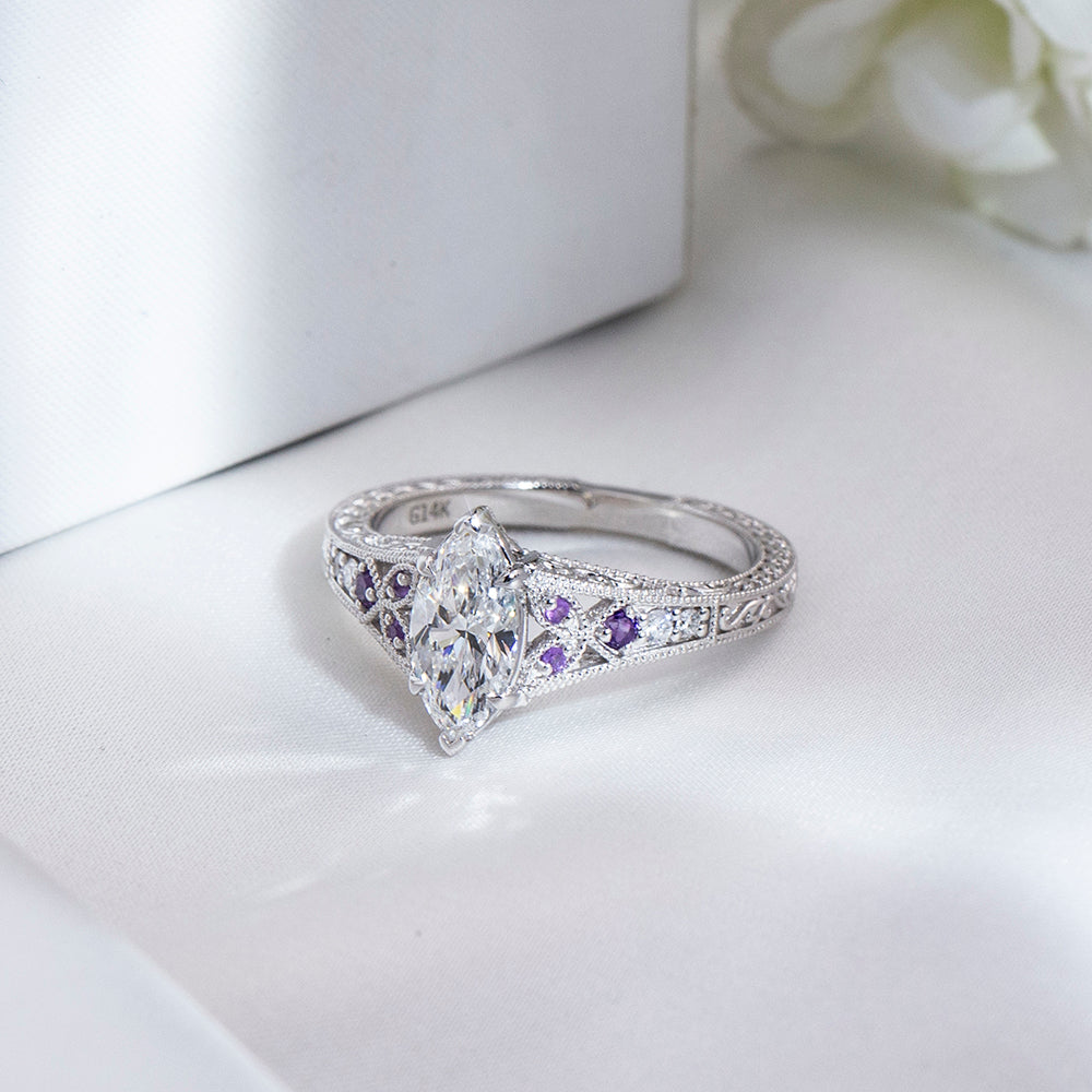 Eco-1885: Twilight Filigree – Lab-Grown Marquise Diamond; Amethyst Ring in 18K White Gold
