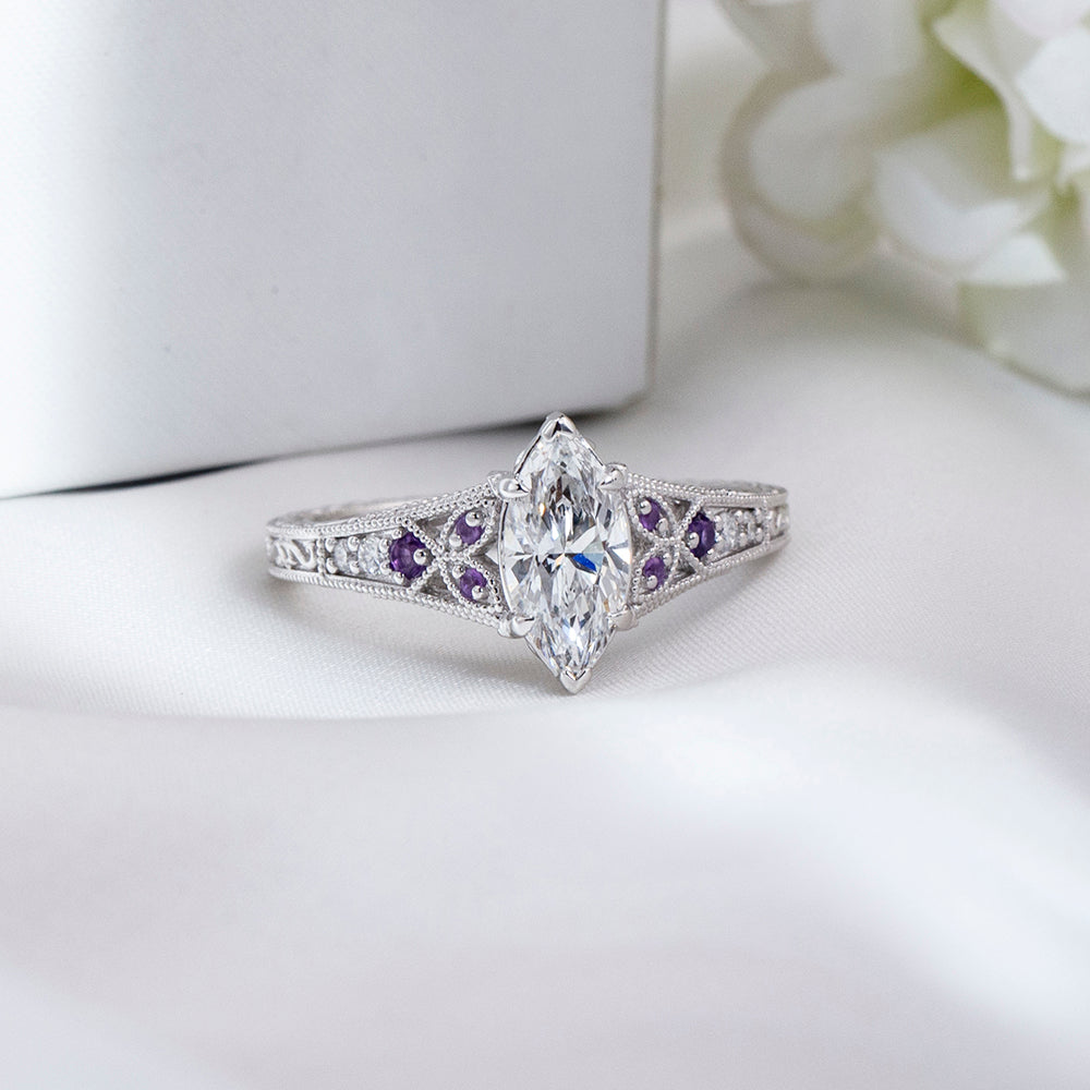 Eco-1885: Twilight Filigree – Lab-Grown Marquise Diamond; Amethyst Ring in 18K White Gold
