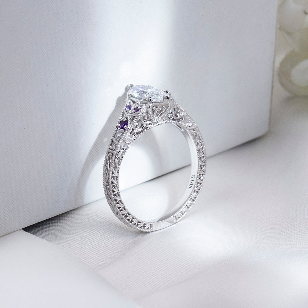 Eco-1885: Twilight Filigree – Lab-Grown Marquise Diamond; Amethyst Ring in 18K White Gold