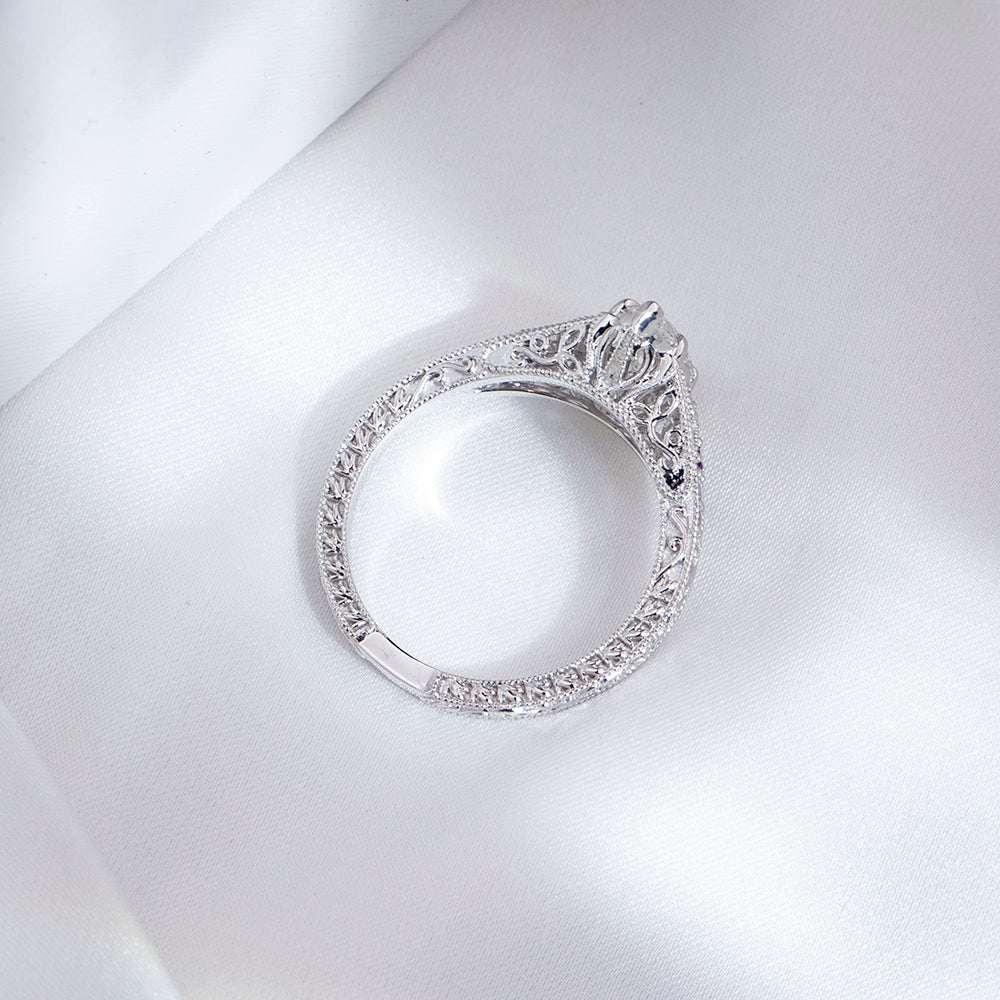 Eco-1885: Twilight Filigree – Lab-Grown Marquise Diamond; Amethyst Ring in 18K White Gold