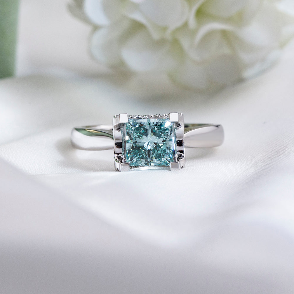 Eco-1887: Celestial Clarity – Lab-Grown Blue Diamond Ring in 18K White Gold