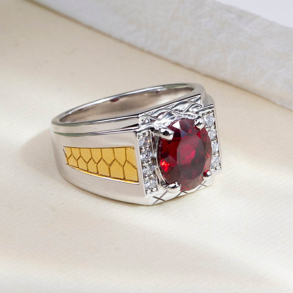 Eco-1890: Crimson Crest – Lab-Grown Ruby & Diamond Men’s Ring in 18K White and Yellow Gold