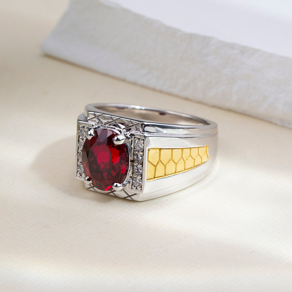 Eco-1890: Crimson Crest – Lab-Grown Ruby & Diamond Men’s Ring in 18K White and Yellow Gold