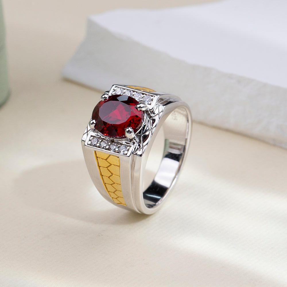 Eco-1890: Crimson Crest – Lab-Grown Ruby & Diamond Men’s Ring in 18K White and Yellow Gold
